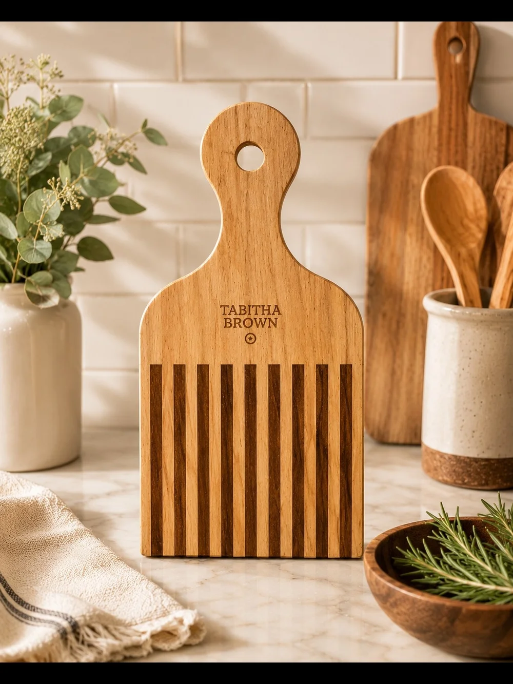 Tabitha Brown Afro Pick Striped Wood Cutting & Serving Board